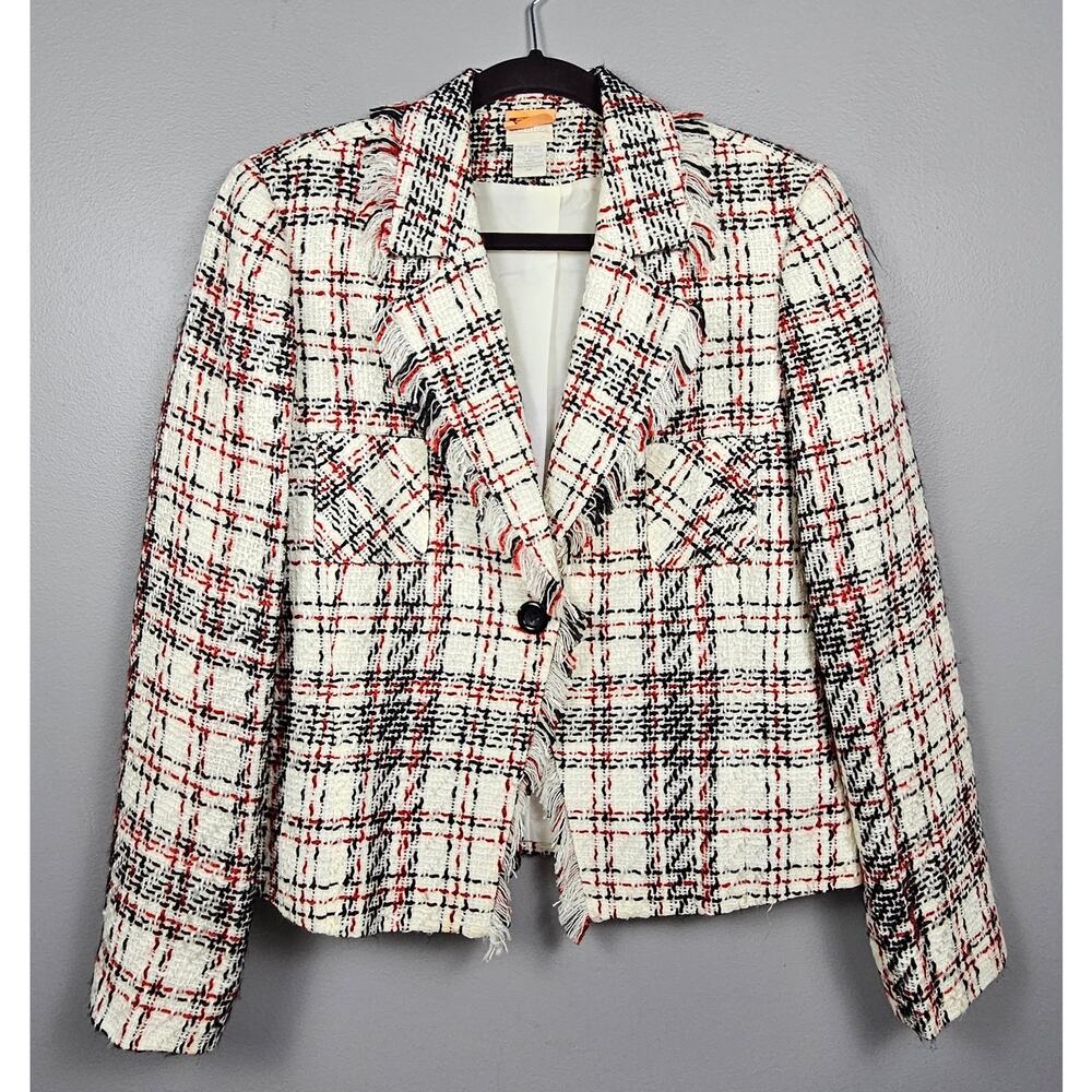 Studio C Tweed Plaid Short Blazer Jacket Ivory Black Red Frayed Trim‎ Lined 14